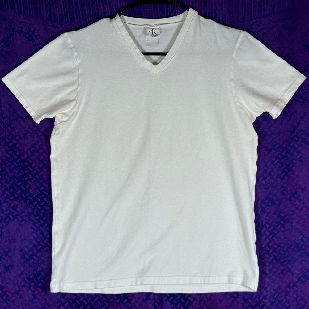 Y2K Calvin Klein cK Mens White V-Neck T-Shirt Short Sleeve Cotton Stretch Large